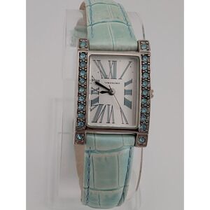 Vernier Tank Watch Women‎ 21mm Case Blue Pave Leather Band- New Battery